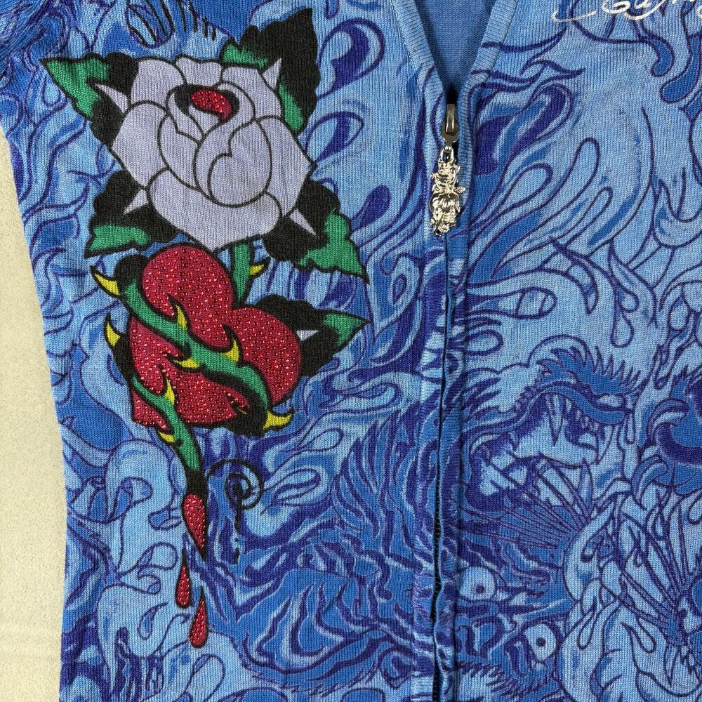 Ed Hardy Christian Audigier Womens XS Blue Skull Roses Hooded Zip Up Dress Y2K - Picture 2 of 8